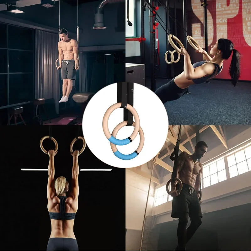 1 Pair Wood Gymnastics Rings with Adjustable Straps GYM Ring Adult Home Fitness Pull Up Strength Training